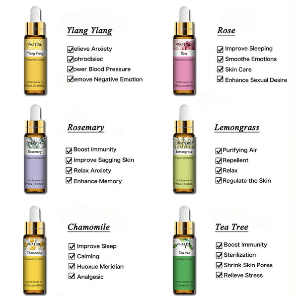 10ML Lavender Eucalyptus Pure Essential Oils Diffuser Rose Lemon Jasmine Vanilla Mint Sandalwood Bergamot Tea Tree Aroma Oil